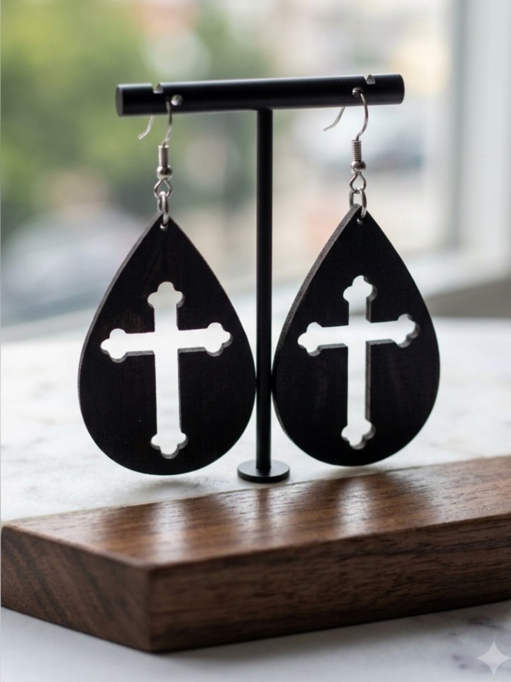 New - Black Teardrop Wood Cross Dangle Earrings